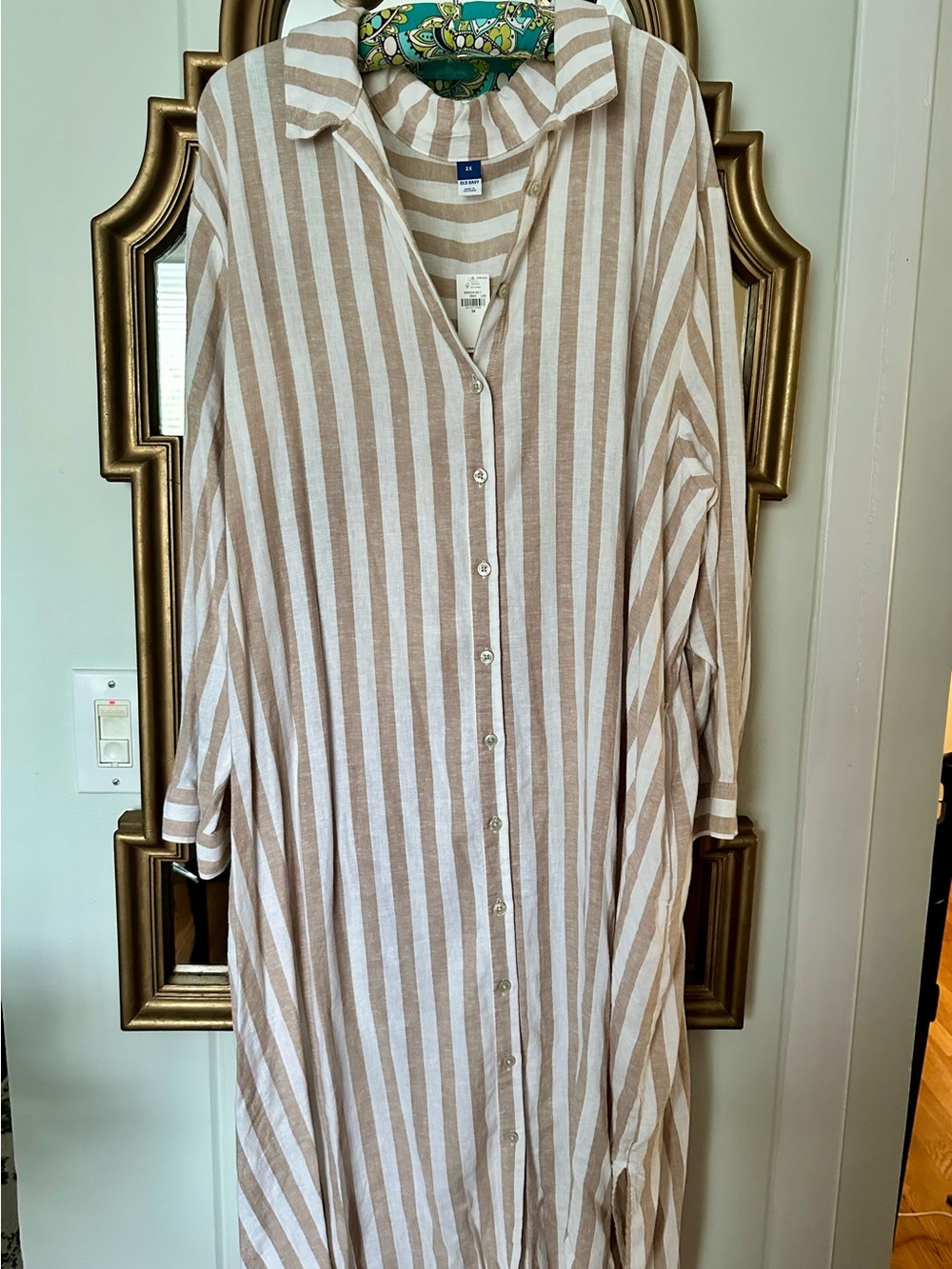 Old Navy Beige and White Striped Button-Front Maxi Dress